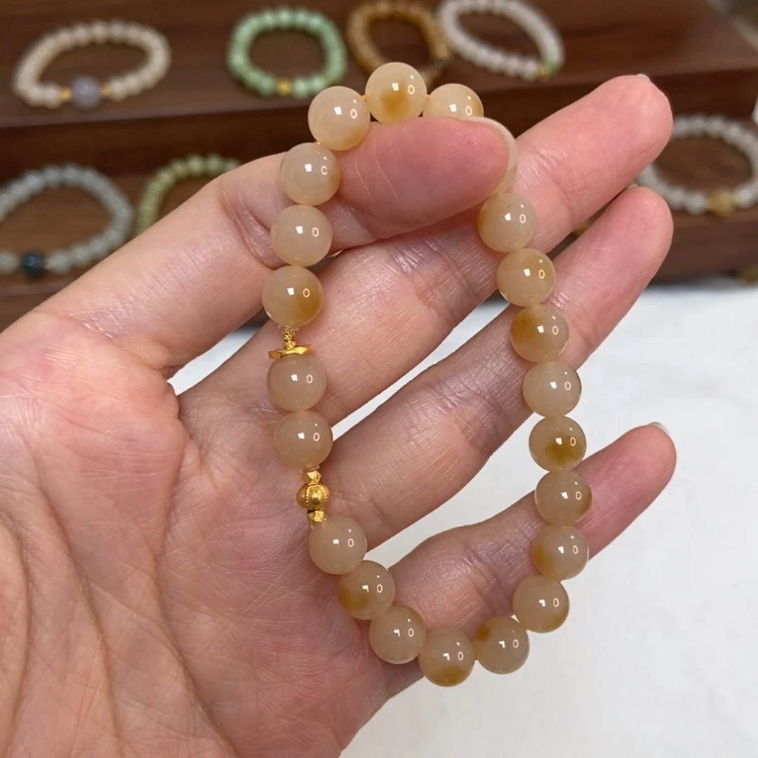 和田玉18K金镶嵌手链8mm糖白精品