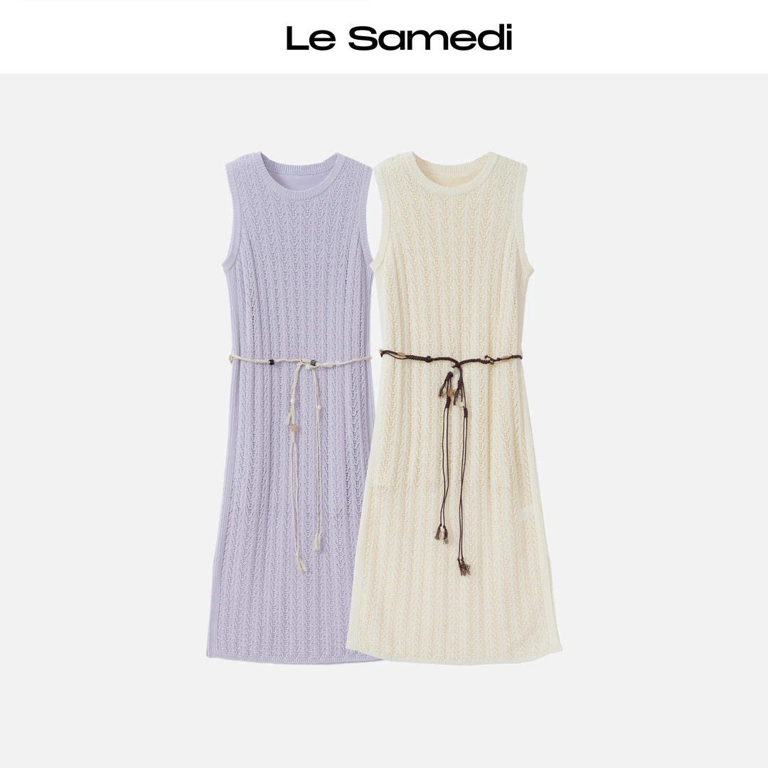 Le Samedi【纯情花园】 淡彩欧若风 镂空针织无袖腰绳连衣裙