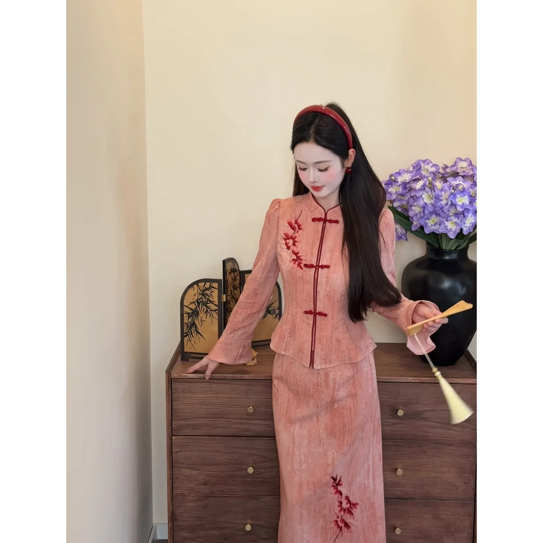 【与花契】<77>新中式炒色工艺撞色刺绣上衣+半身裙套装XMZH9567