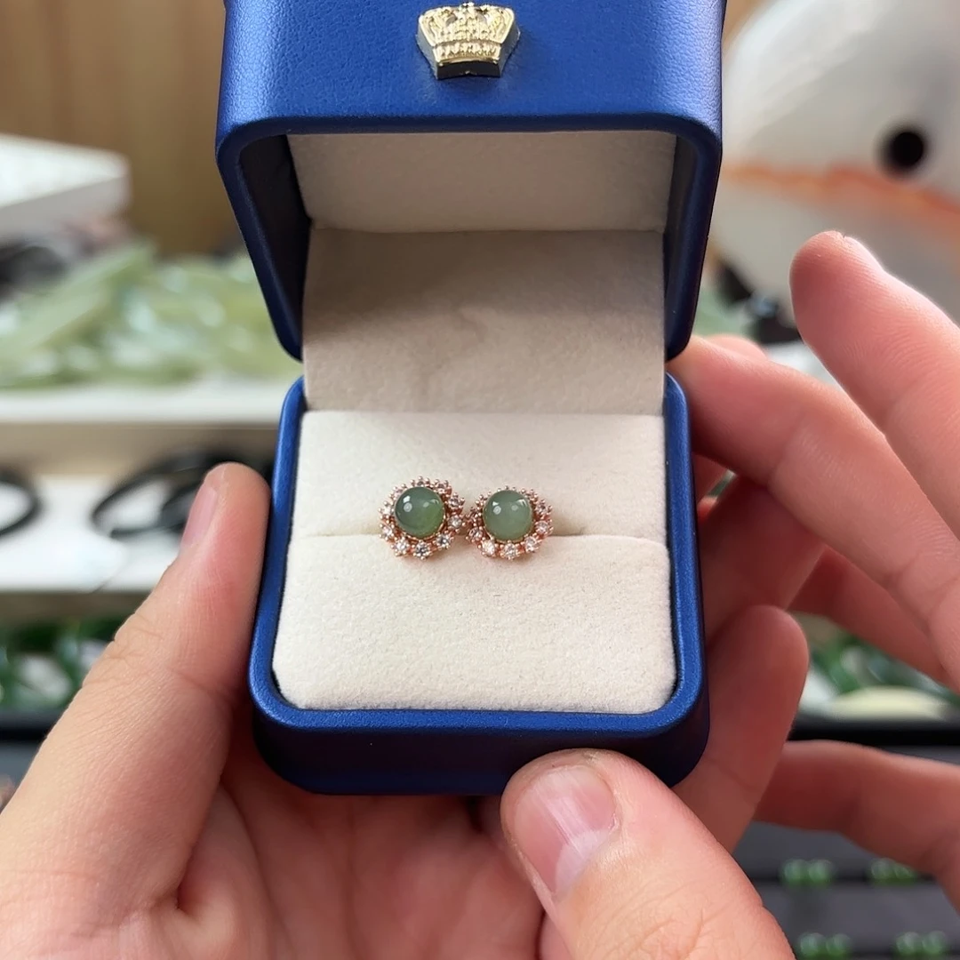 和田玉耳钉银S925镶嵌