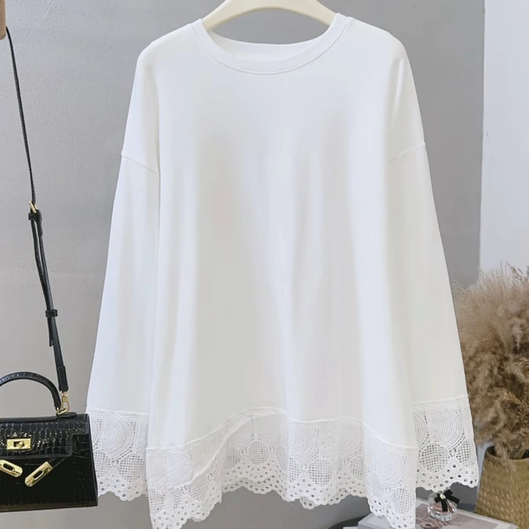 （衣长73）9133冬季蕾丝拼接磨毛长袖T恤宽松百搭中长打底衫