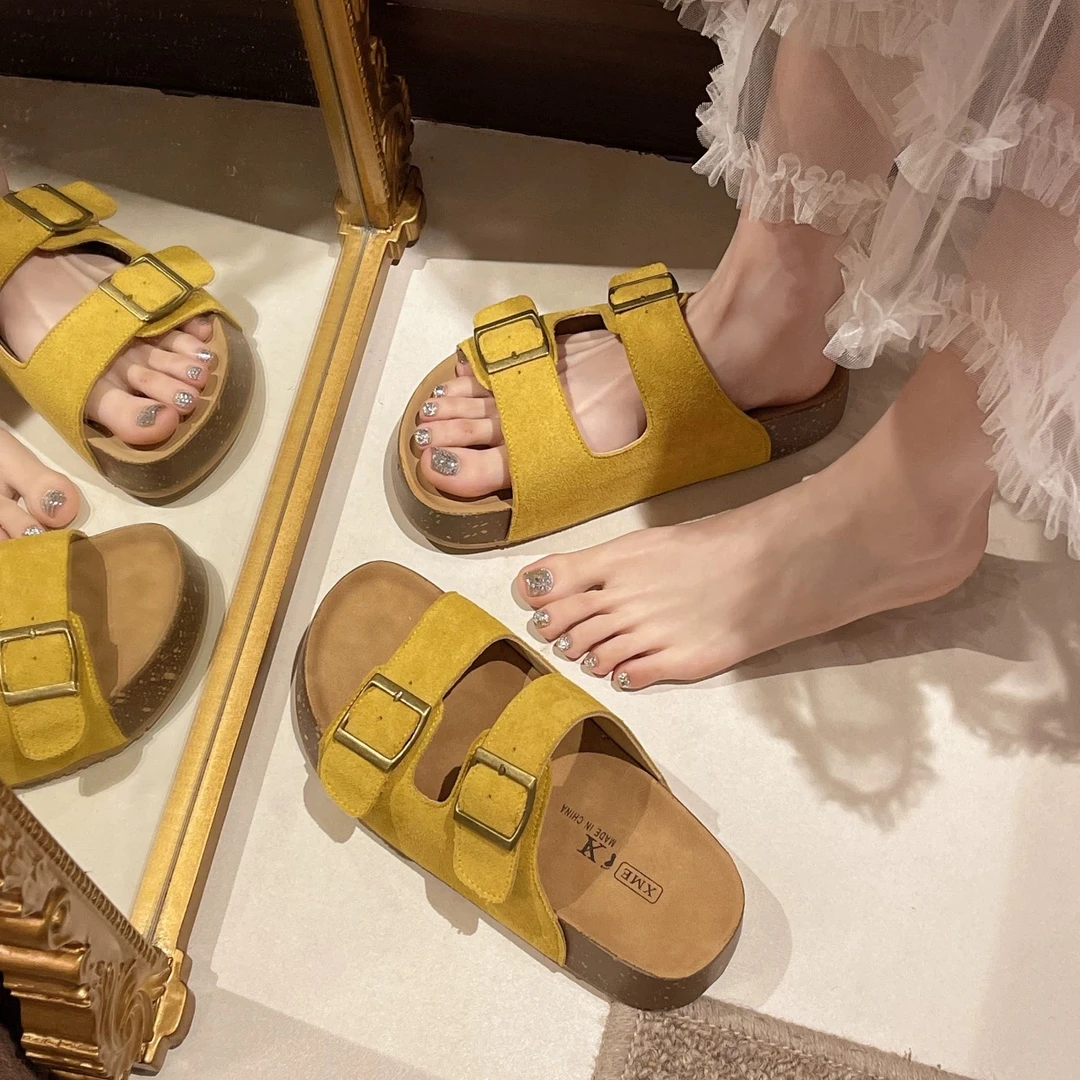 【运费补贴】【断码链接:001-060】复古博肯搭扣厚底松糕拖鞋女韩版