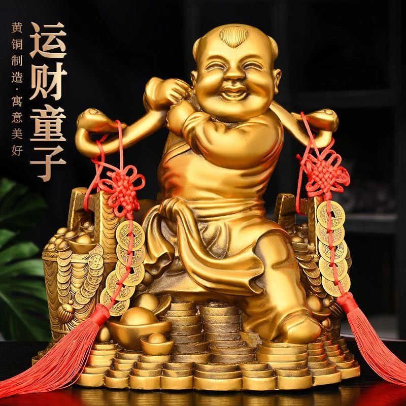 纯铜运财童子摆件挑财童子善财童子家用办公室桌面装饰品担财童子