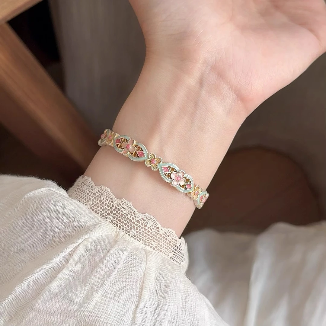 足银手镯 足银999纯银手镯宫廷繁花珐琅国风镂空开口镯子