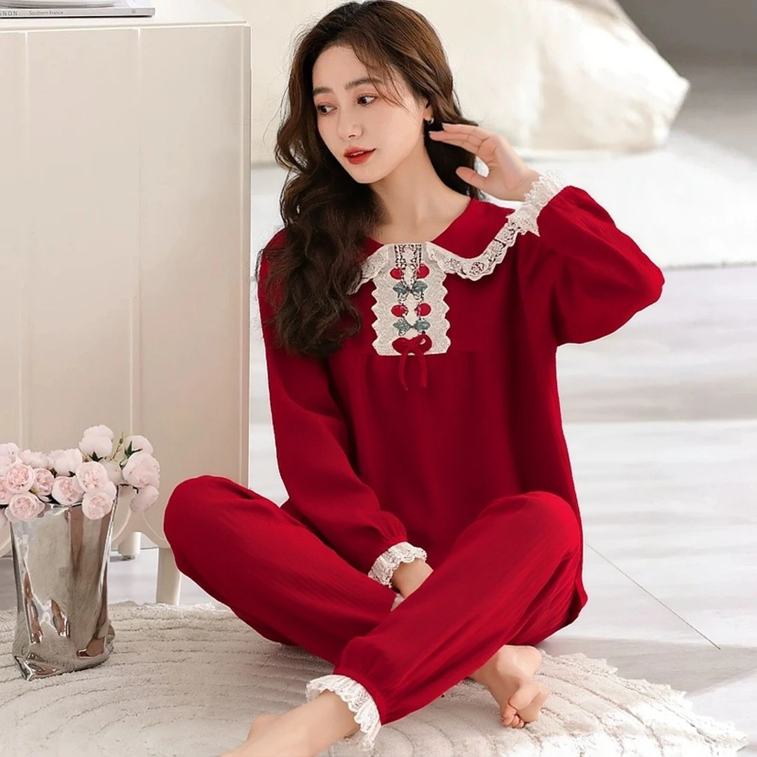 可爱公主风娃娃领套头本命年红色结婚新婚蕾丝边长袖睡衣女家居服