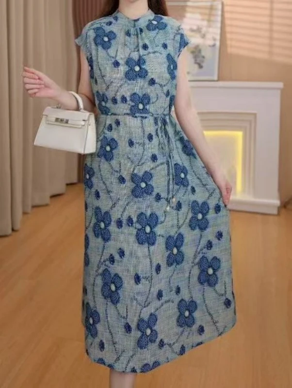 【送腰带】蓝涟花韵杭州原版正品2025夏季新款连衣裙14945