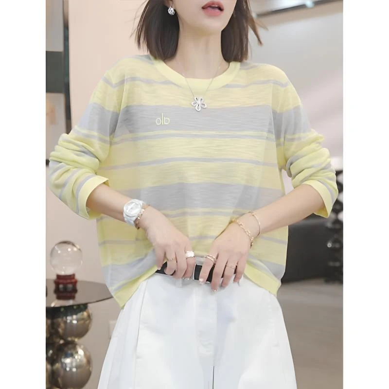 韩版条纹长袖针织衫女2025秋季新款百搭防晒套头空调显瘦通勤小衫