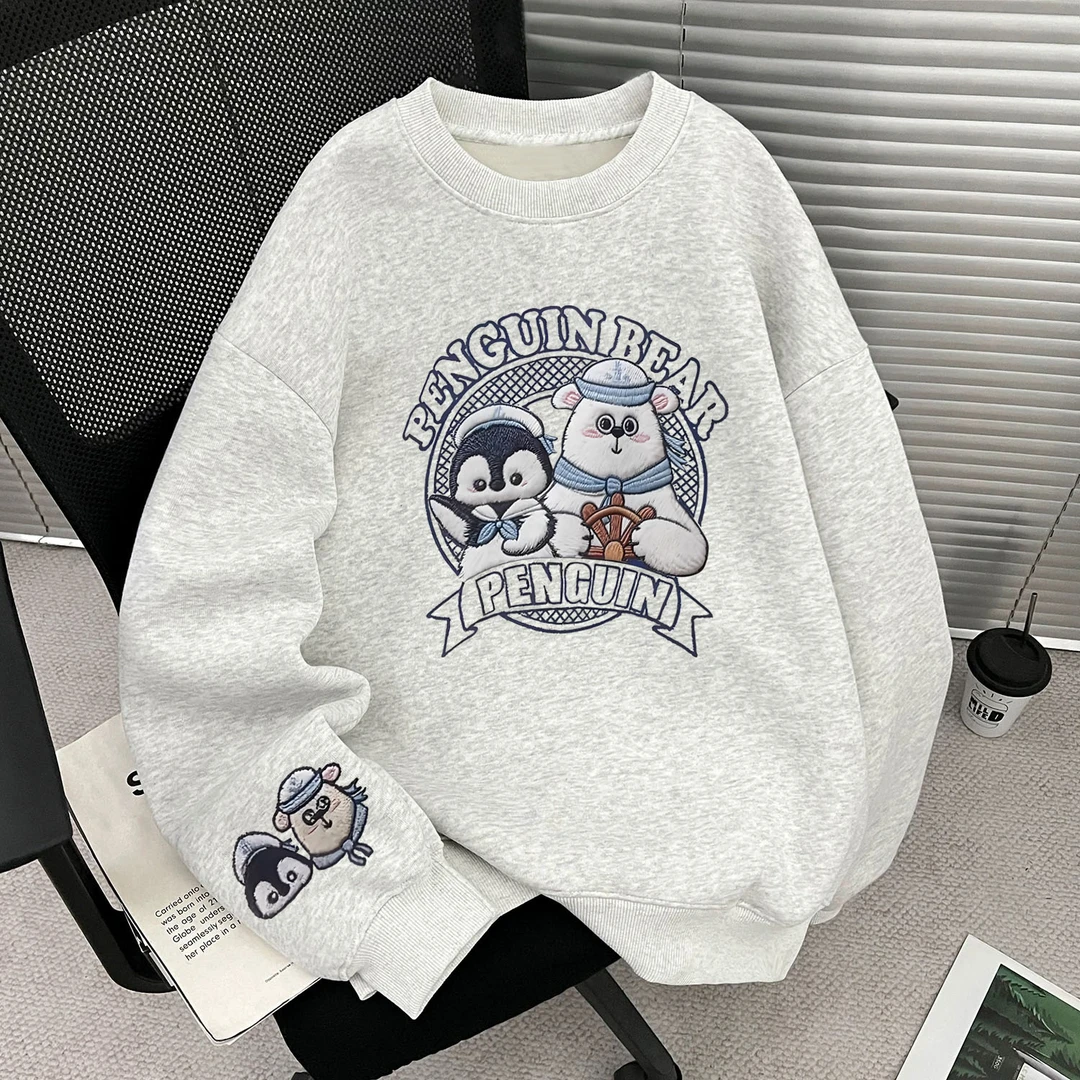 070潮牌圆领卡通印花卫衣2026男女同款宽松百搭上衣（常规/加绒）