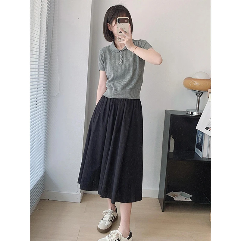 灰色娃娃领显瘦针织短袖T恤女夏季高级感短款百搭洋气正肩上衣