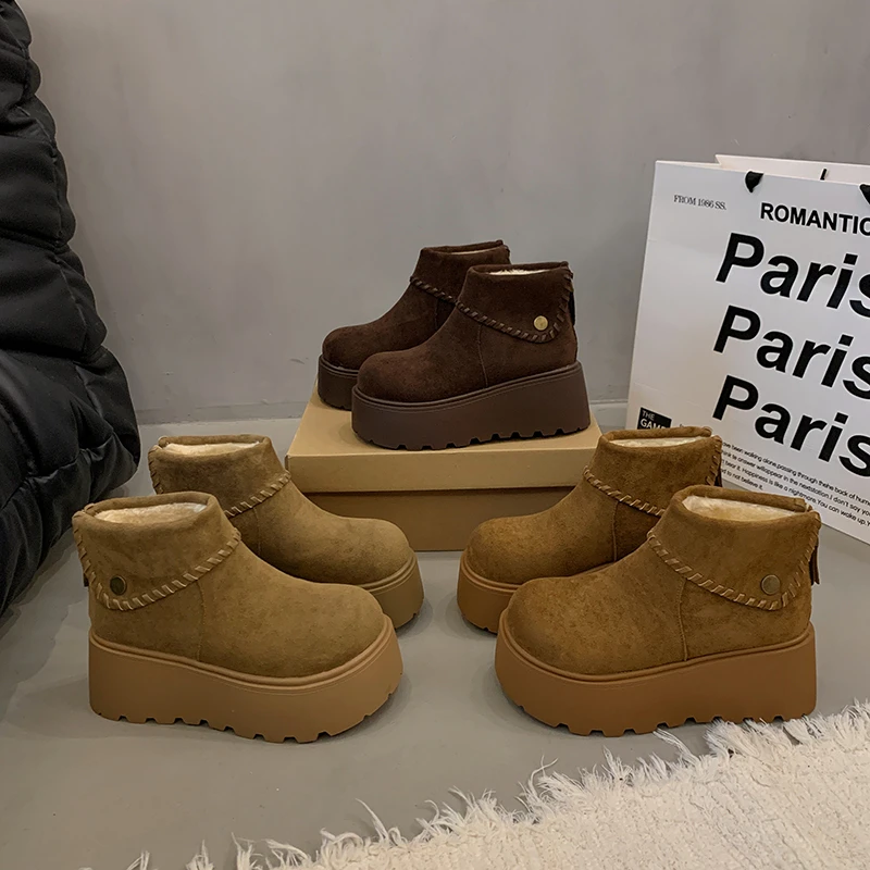 7CM增高雪地靴女2025冬季新款小个子加绒加厚勃肯鞋复古真皮短靴