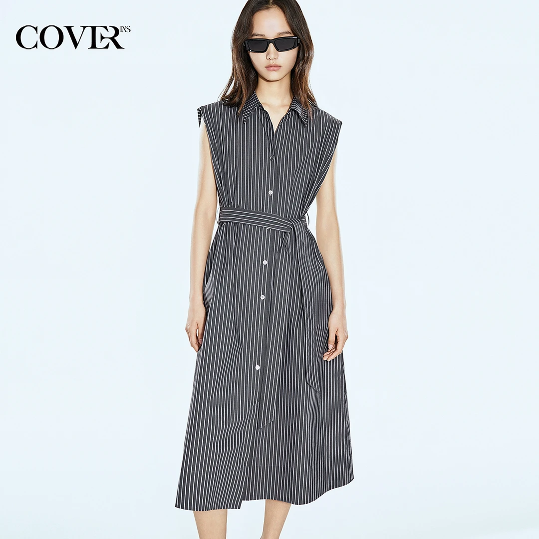 COVERINS2025夏季棉质经典条纹无袖连衣裙