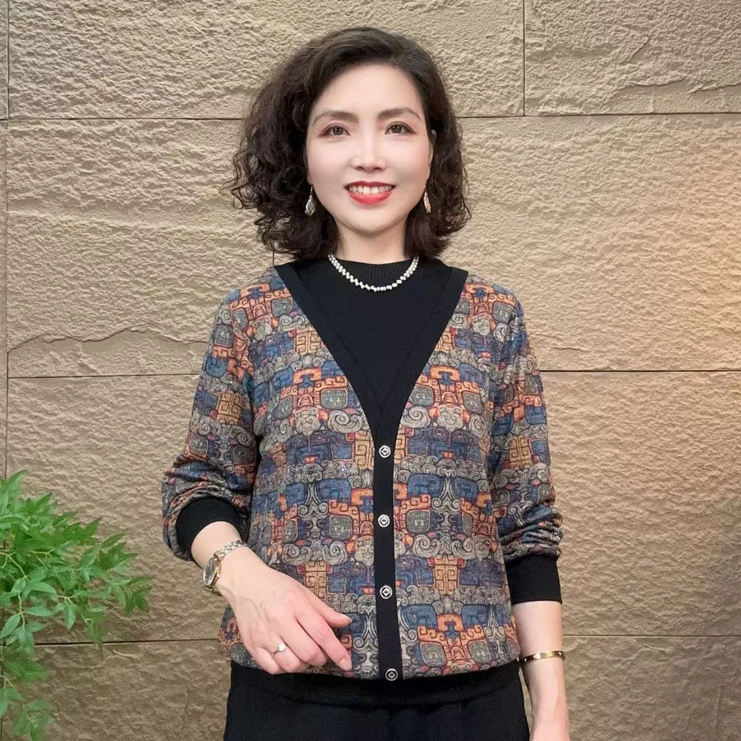 【清货价】秋款中老年妈妈装时尚宽松洋气假两件气质风印花休闲长袖