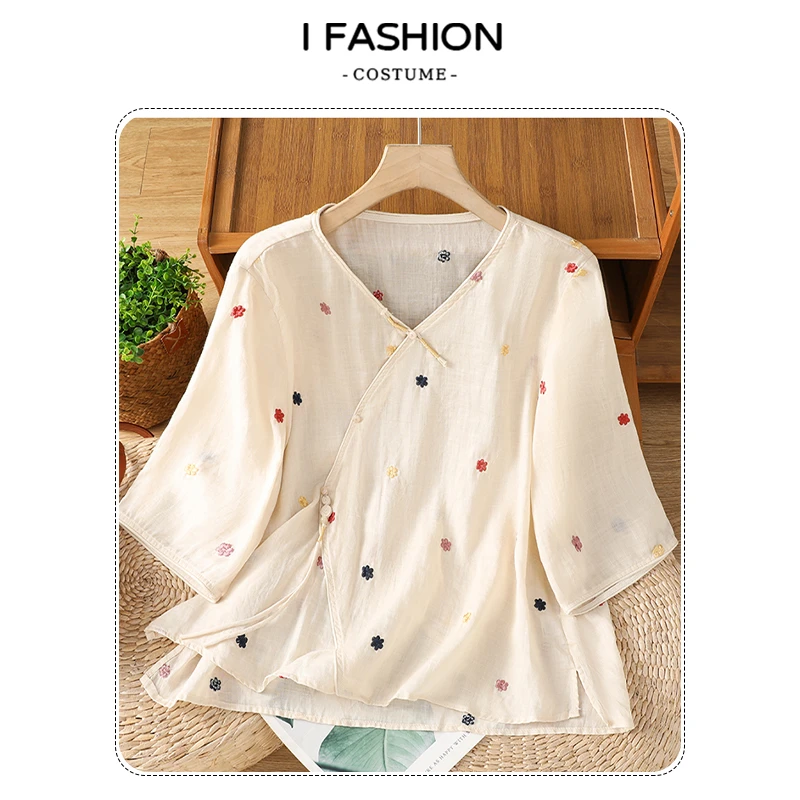 新中式斜襟显瘦衬衫女2025夏季新款休闲韩版百搭宽松流行上衣小衫