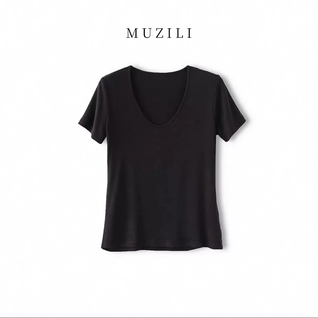 MUZILI 莱赛尔绵羊短袖亲肤贴身t恤女天丝纯色上衣V领显瘦