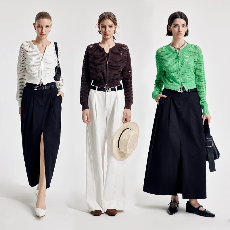 婉甸2026春季新品摩卡色/霜白/春杉绿镂空毛织拉链开衫1251W11DJ3