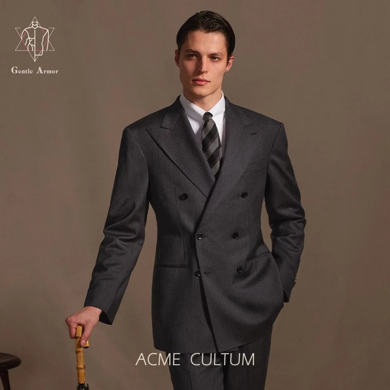 【GENTLE ARMOR绅士盔甲】120S纯羊毛人字纹双排扣西服套装男正装