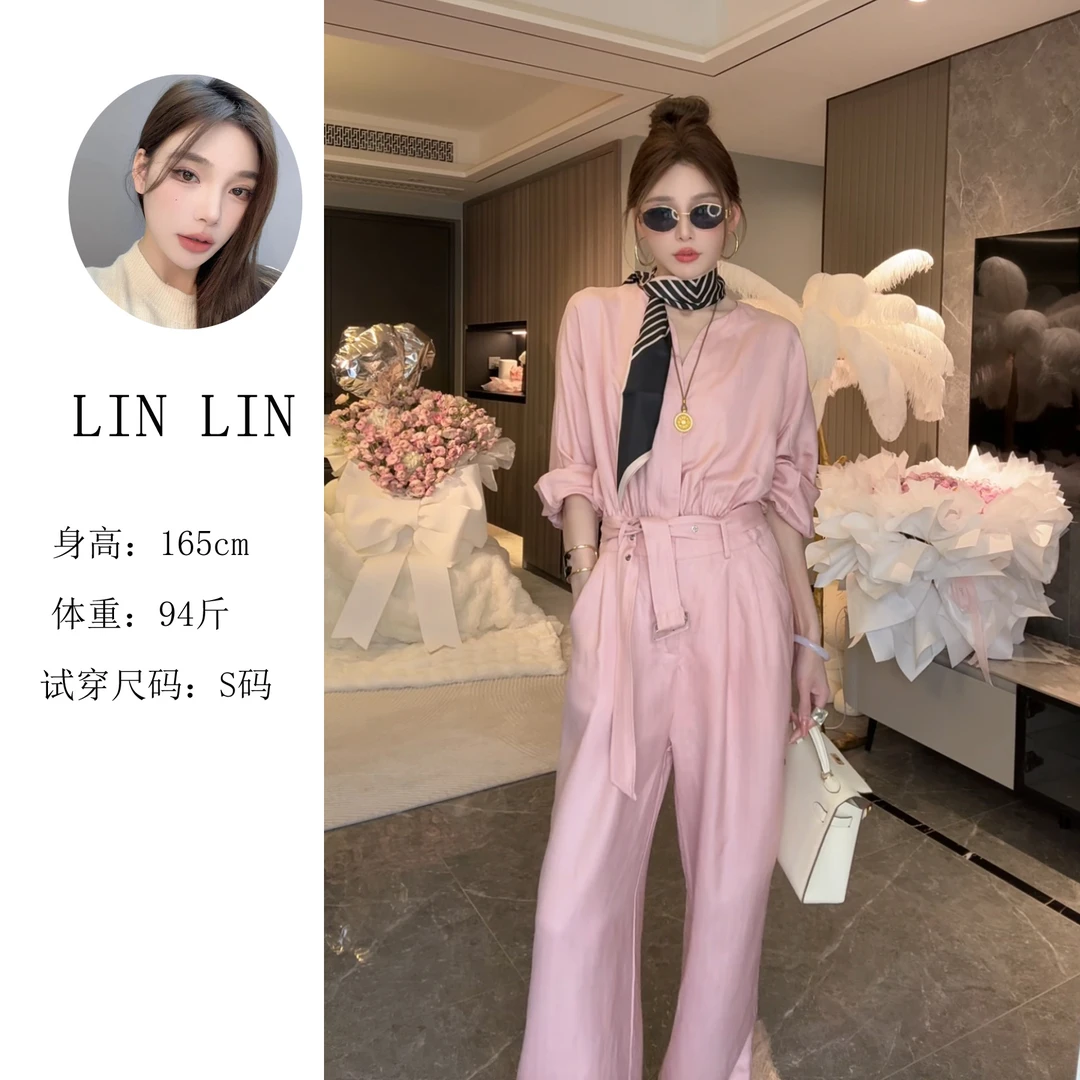 【琳琳】2025秋季新款亚麻连体衣裤女神范V领收腰显瘦阔腿裤2810