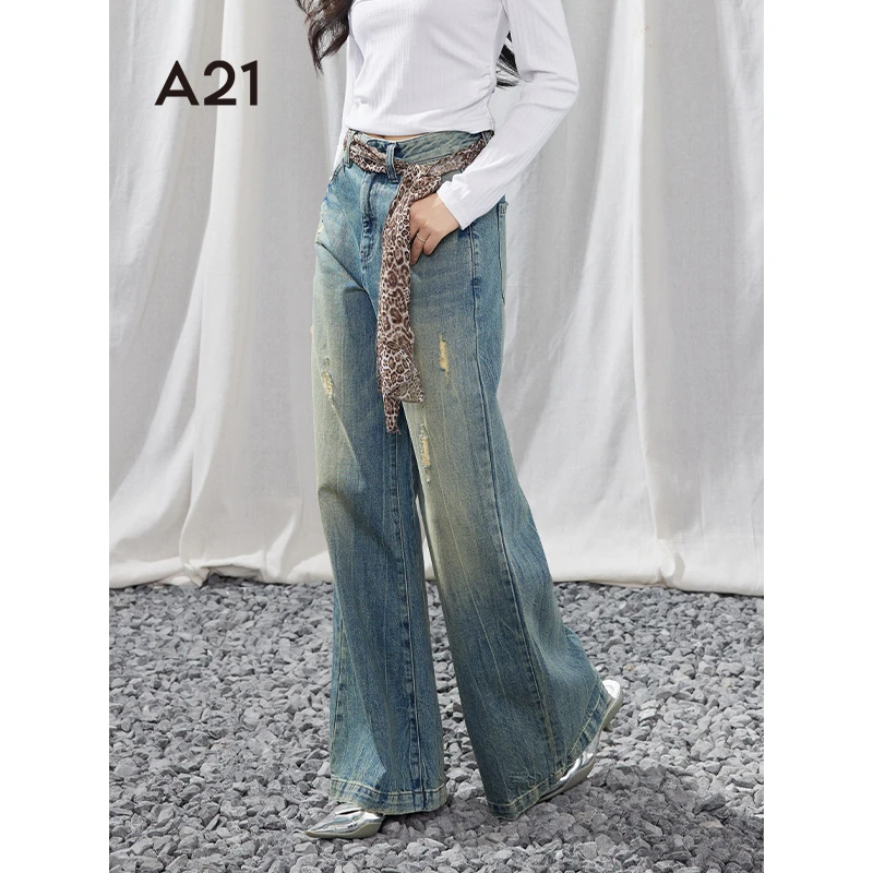 A21女装宽松高腰显瘦阔腿裤休闲直筒牛仔长裤F451226023