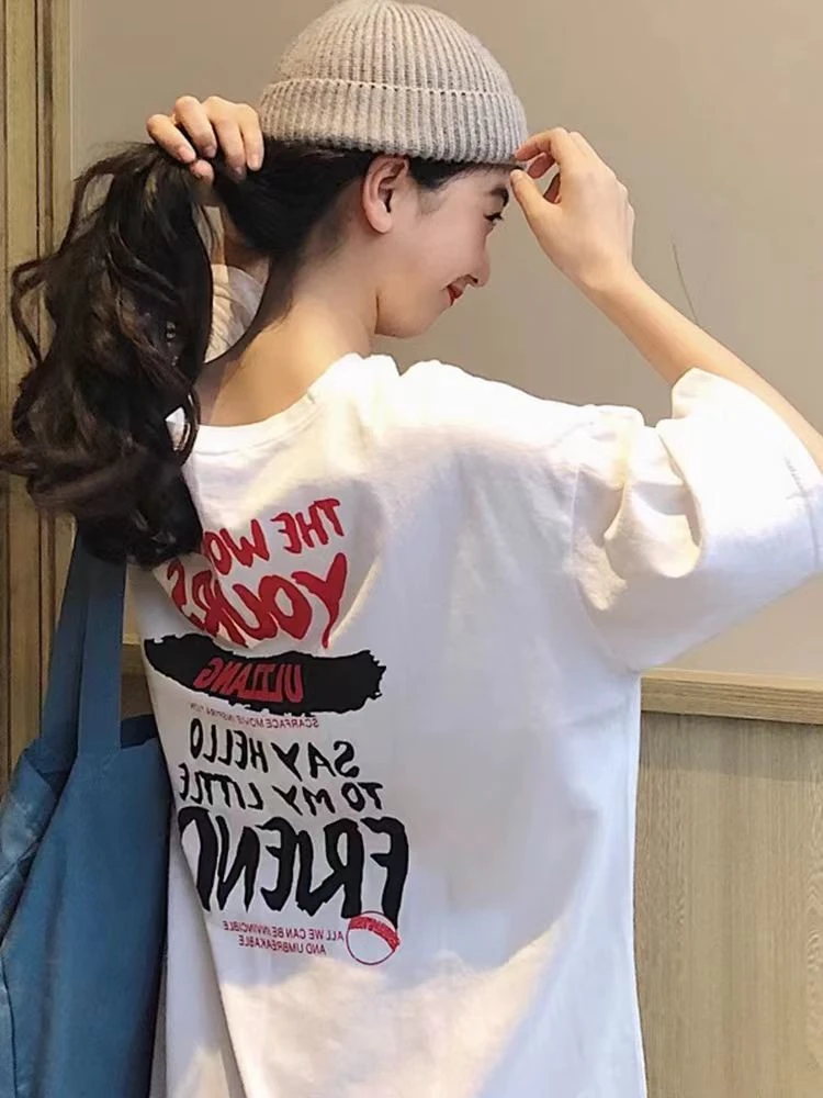 纯欲慵懒风女装趣味简约设计白色短袖t恤夏季宽松欧货潮牌中长款