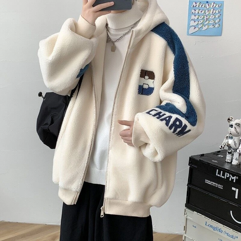 Mexican/稻草人连帽刺绣厚款棉衣潮流羊羔绒毛绒加厚宽松外套男