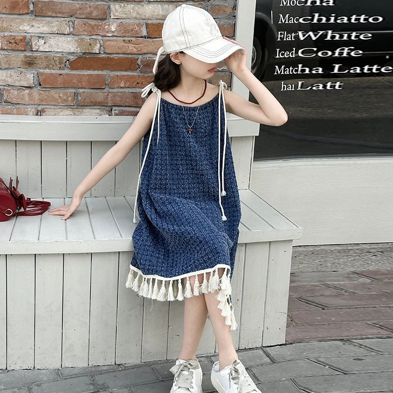 【嘻嘻柚】女童夏季牛仔薄款流苏吊带裙2025新洋气女孩度假风公主裙