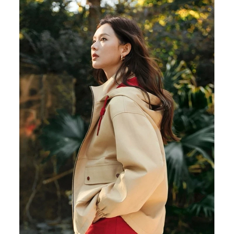 Kerin {绸嘉}撞色红色连帽抽绳短款外套棉服潮流好物新款时尚百搭