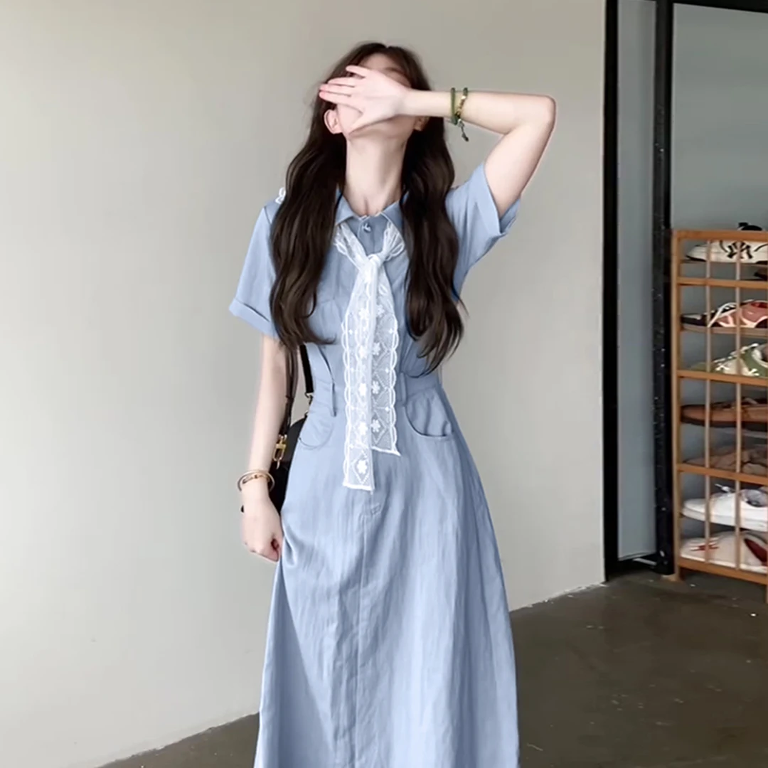 夏季2025新款法式学院风蓝色衬衫连衣裙子女爆黑色长款修身连衣裙