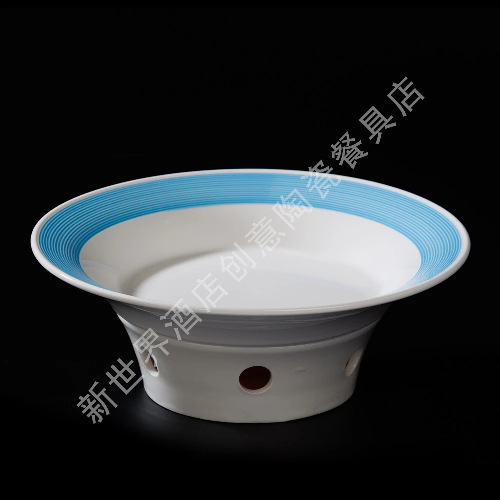 10英寸汉斯盘蓝白盘子保温酒店陶瓷家用菜盘圆形商用意面盘西餐盘