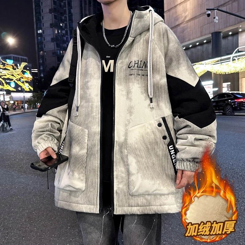 灯芯绒外套男冬季2025新款加绒加厚工装夹克青少年连帽保暖派克服