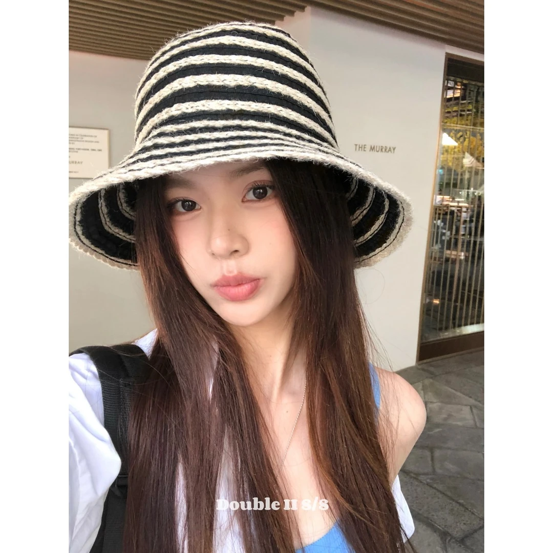 double i i 复古韩系条纹编织草帽女春夏显脸小遮阳防晒盆帽