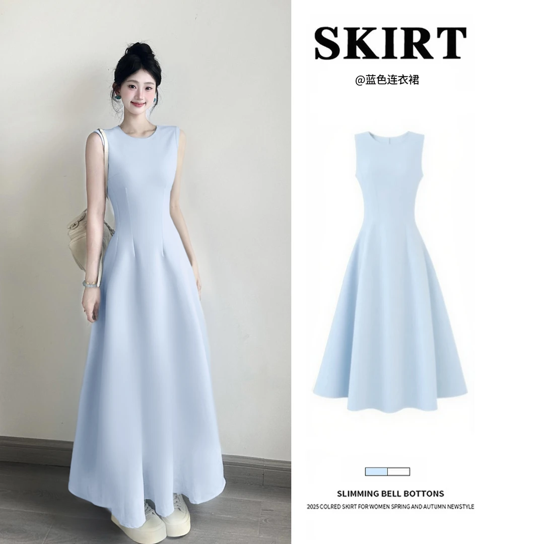 蓝色无袖连衣裙女夏日绝美巨好看的小裙子2025新款多巴胺掐腰长裙