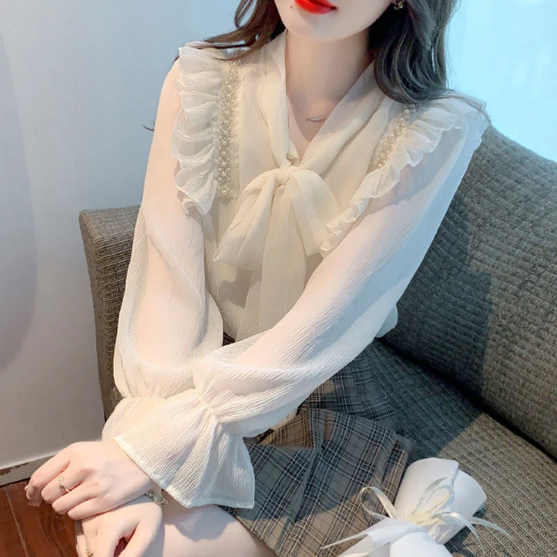 2025年新款早秋装蝴蝶结高级感雪纺衬衫女士减龄上衣别致漂亮小衫