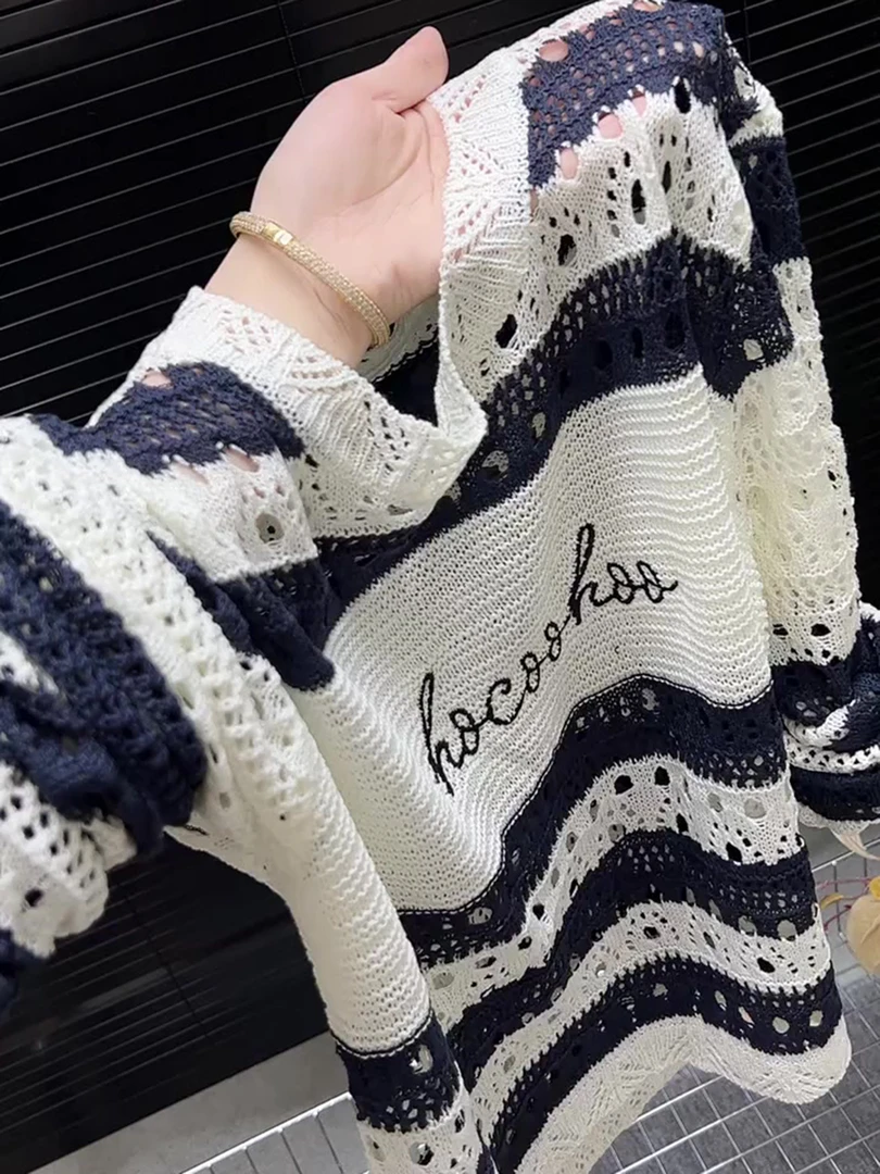 美式简约干练气质百搭条纹上衣女2025早秋薄款防晒圆领长袖针织衫