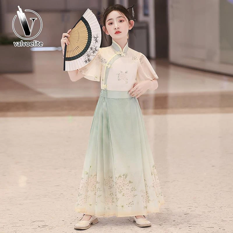 VALVOELITE马面裙套装女童夏薄款2025新款古风汉服演出服国风唐装