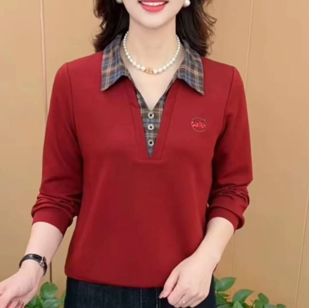 格子宽松型长袖减龄遮肉poloT恤女士百搭休闲