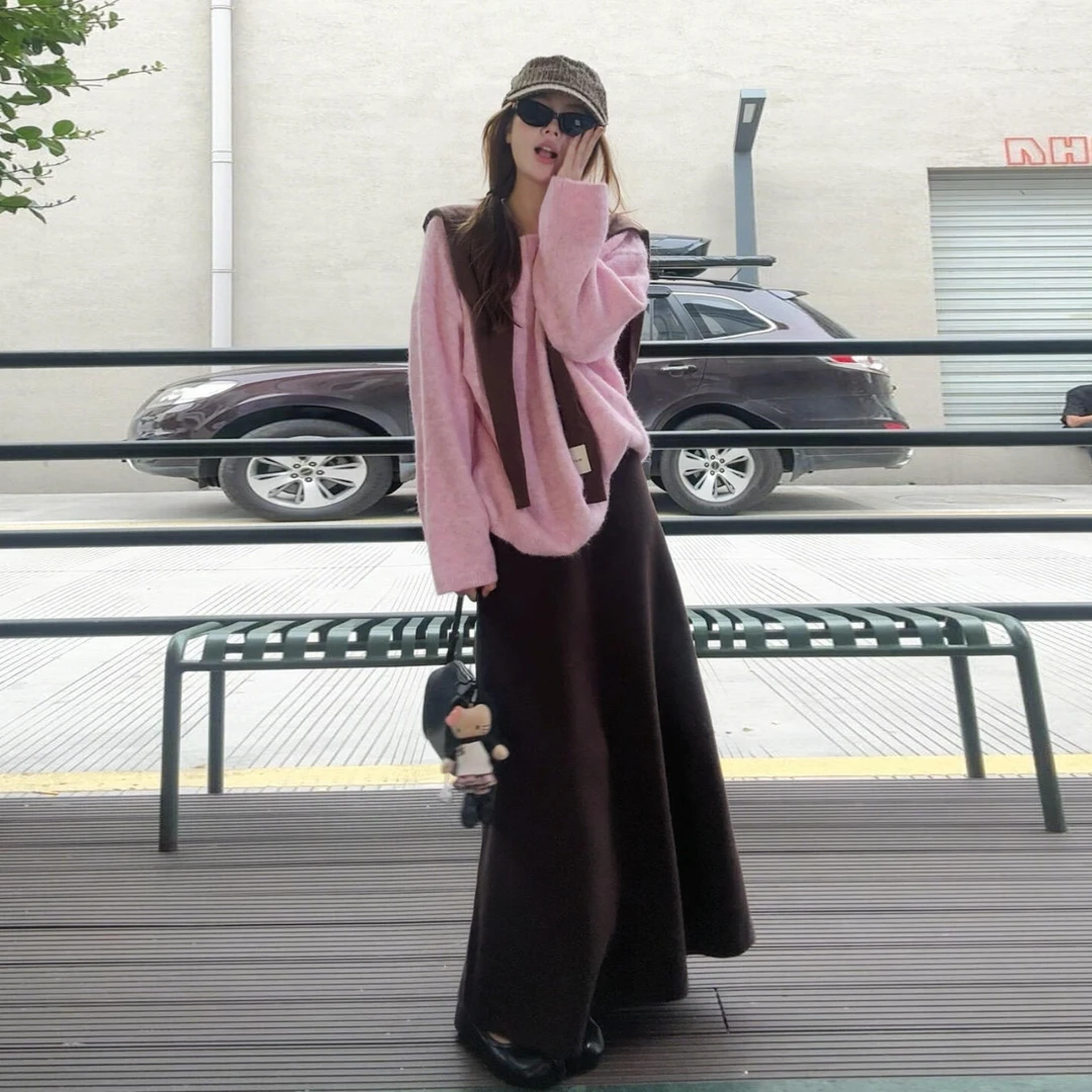 韩系慵懒氛围感粉色宽松针织毛衣半身裙子女秋季2025新款气质套装