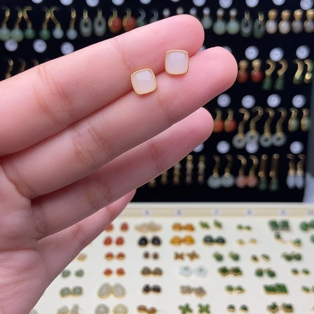 和田玉（碧玉）银S925镶嵌耳饰