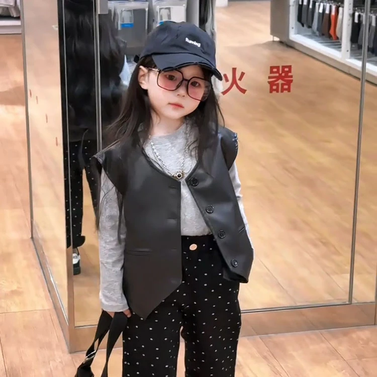 女童炸街韩版2025新款儿童女孩时髦皮衣马甲秋季新款洋气大童背心