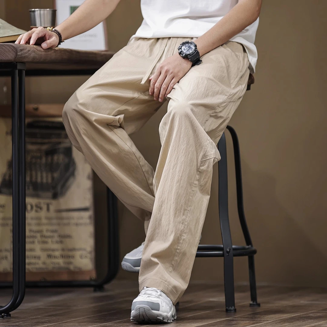 夏季轻薄莱赛尔天丝直筒裤男士潮牌拼接宽松百搭阔腿工装休闲裤子