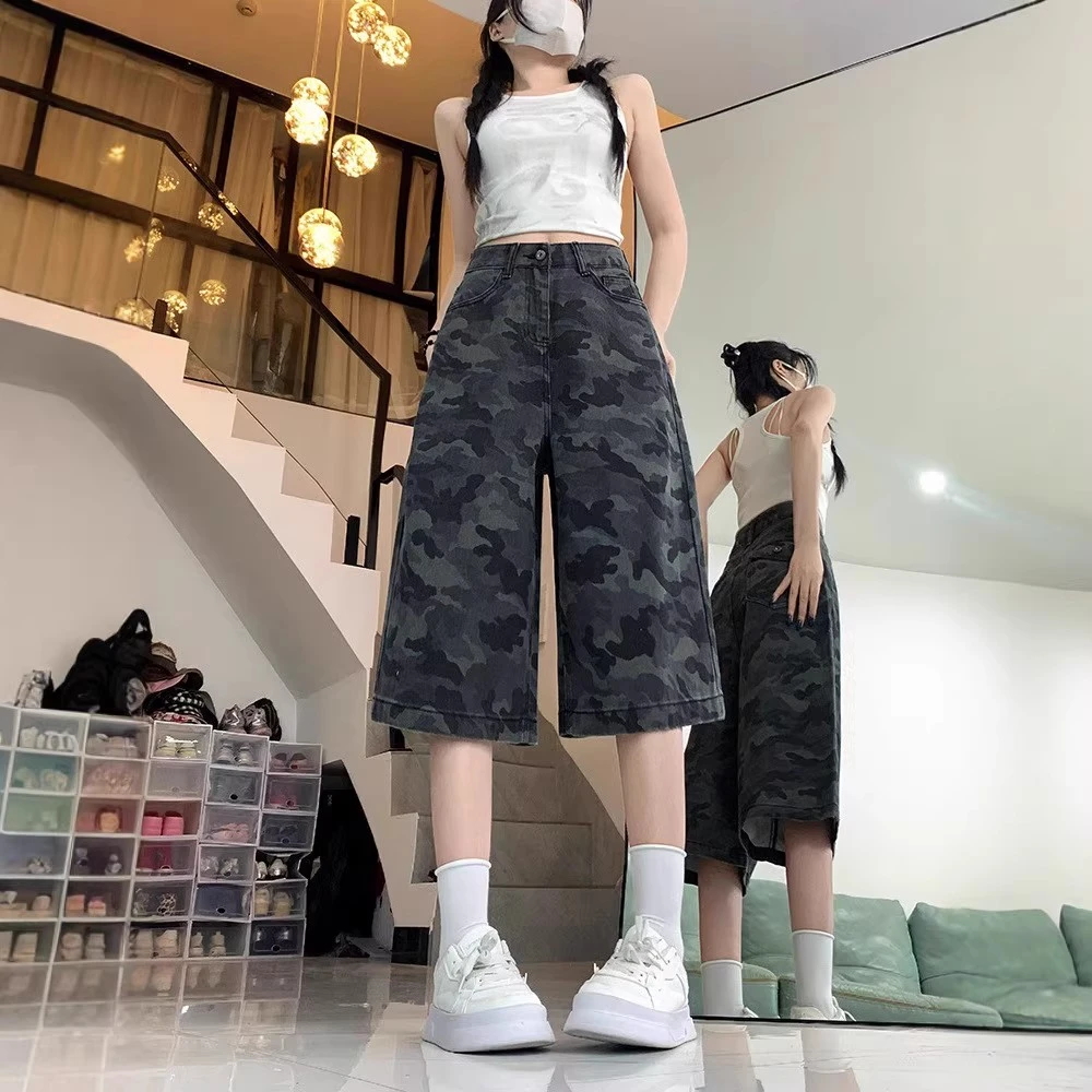 迷彩色阔腿牛仔七分裤女春秋季2025新款高腰休闲显瘦工装直筒短裤