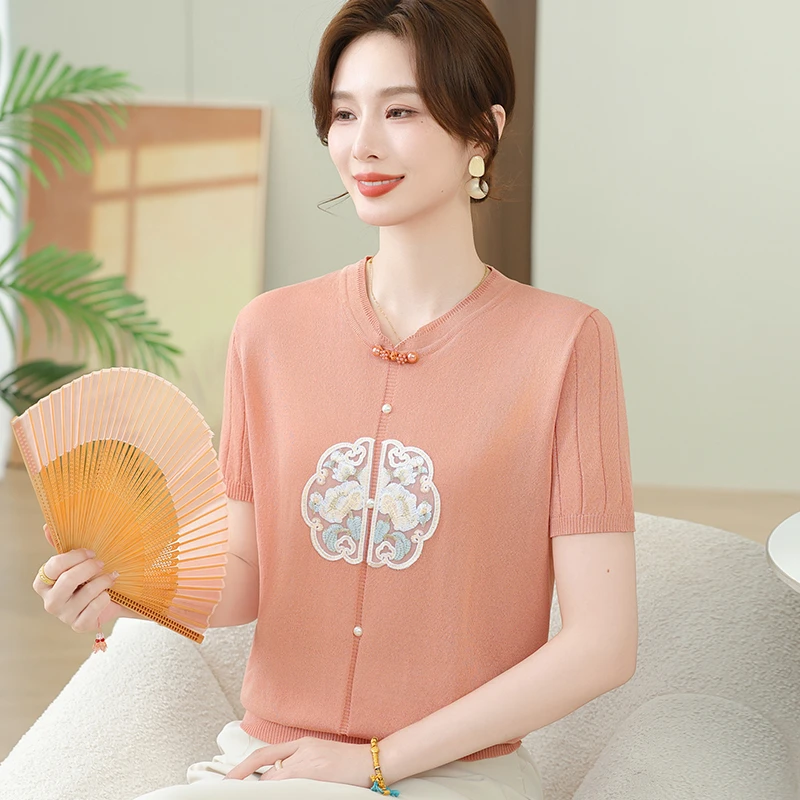 2025新中式妈妈夏装短袖T恤洋气中老年女夏季时尚冰丝国风薄小衫