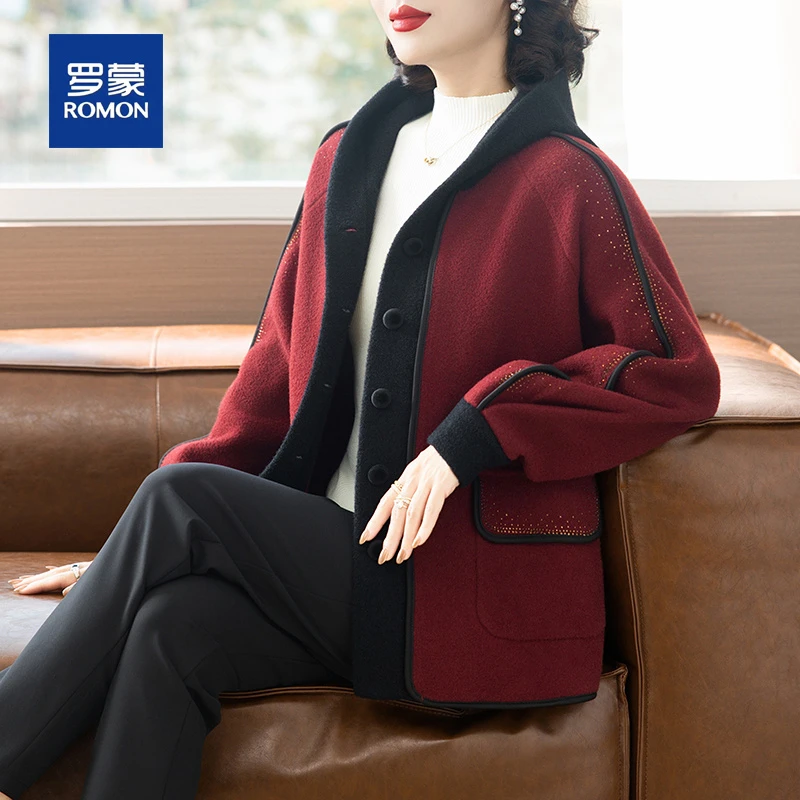 罗蒙妈妈秋冬外套连帽洋气中老年女上衣40岁50休闲针织衫厚款百搭