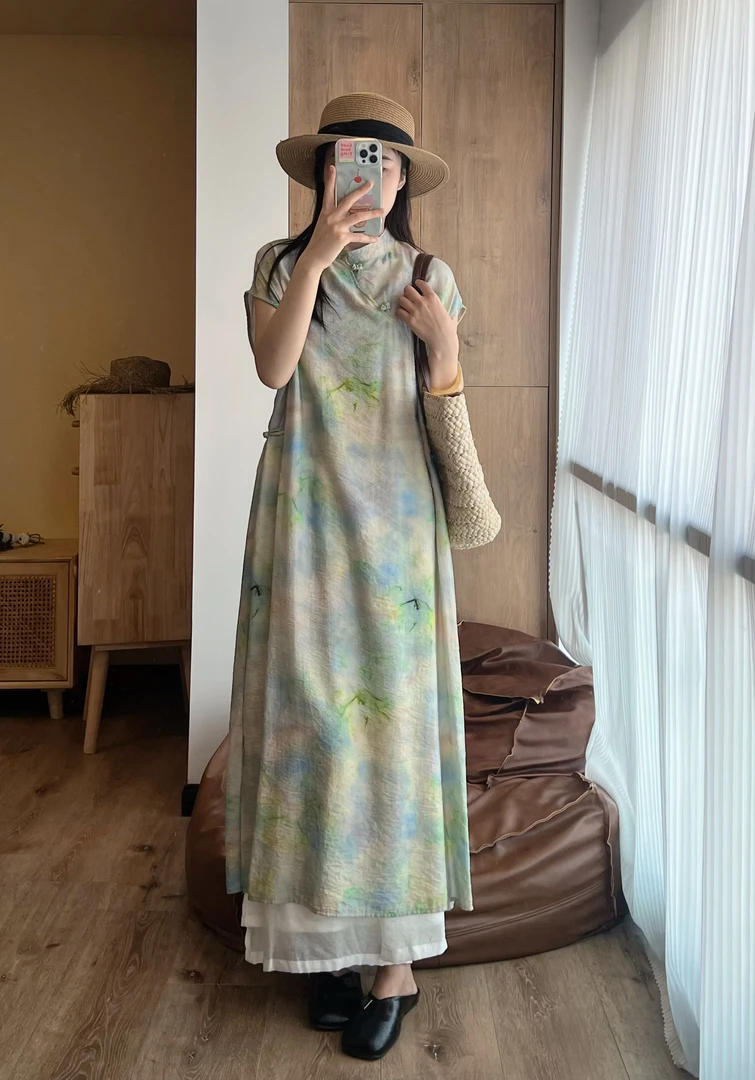 碎花立领休闲风低开衩日常旗袍中式提花民族风宽松