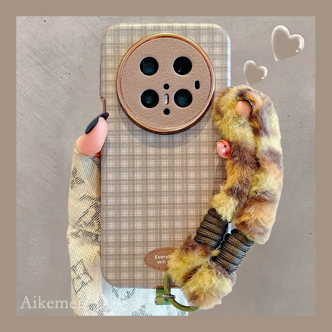 适用华为mate70pro+手机壳粉绿皮质mate60pro+菱格纹英文标签手绳