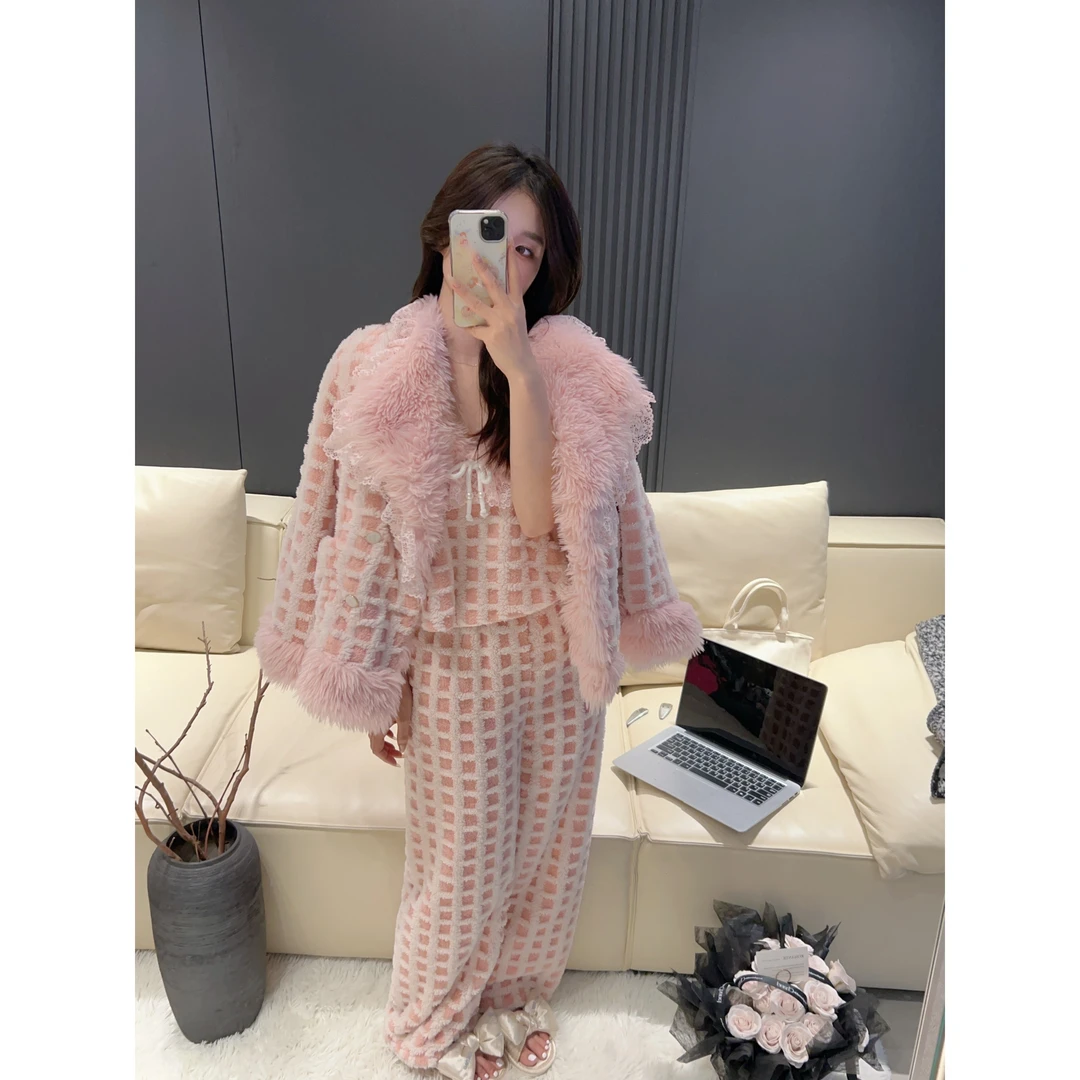 露娜【粉色芭乐】秋冬新款保暖女睡衣优雅韩系轻奢加厚家居服套装