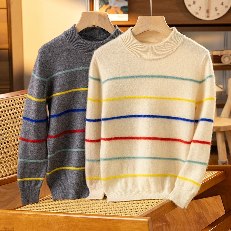 【100%羊毛】新款儿童加绒针织衫秋冬条纹男女童毛衣半高领羊毛衫