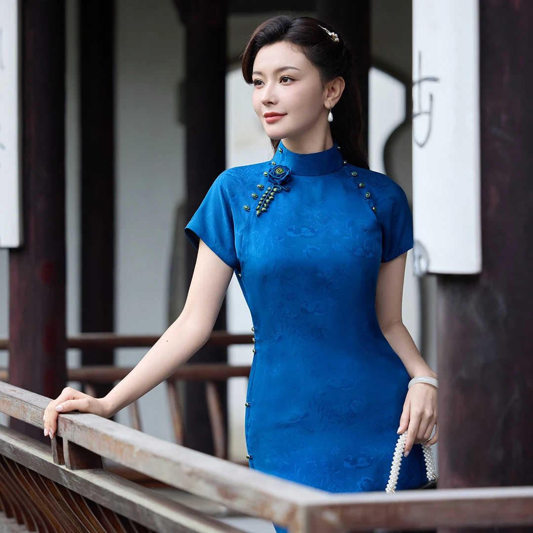 翠微间 日常夏季长款古法平裁真丝红云纱罗高端手工旗袍