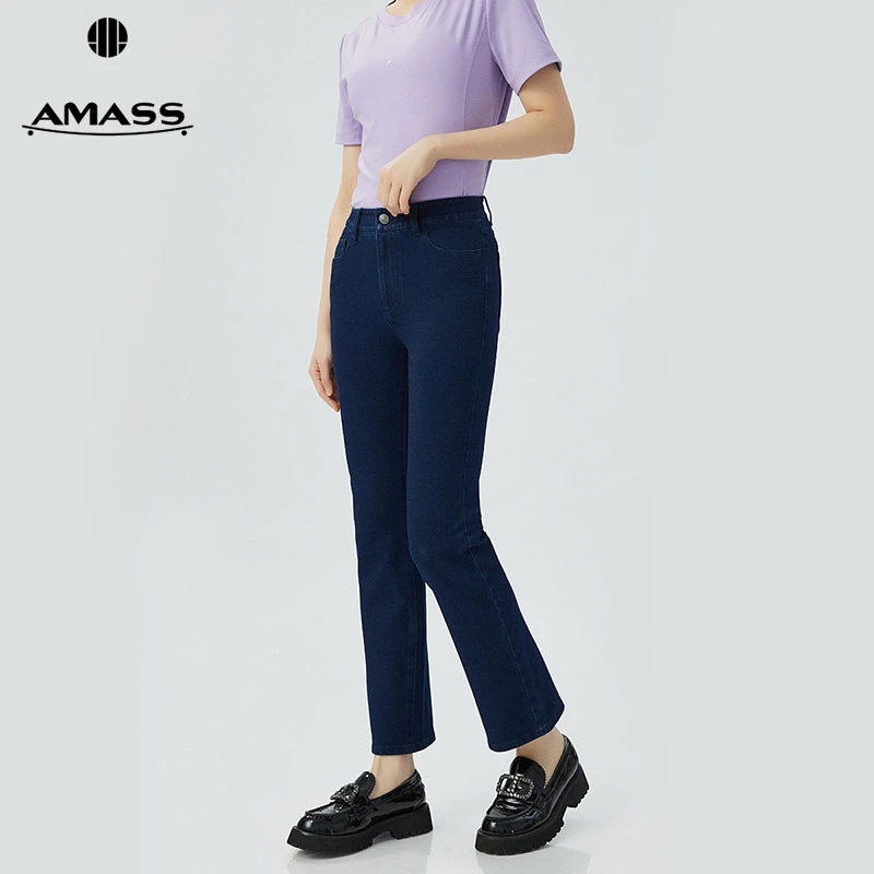 阿玛施AMASS新款高腰修身微喇裤丹宁风休闲牛仔九分裤女5100471-2