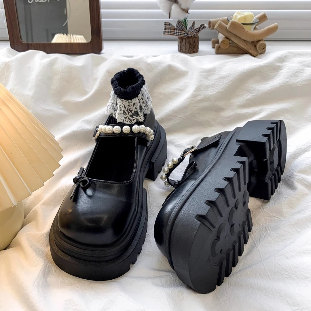 新款复古英伦玛丽珍鞋女2025百搭高跟蝴蝶结一字珍珠日系jk小皮鞋