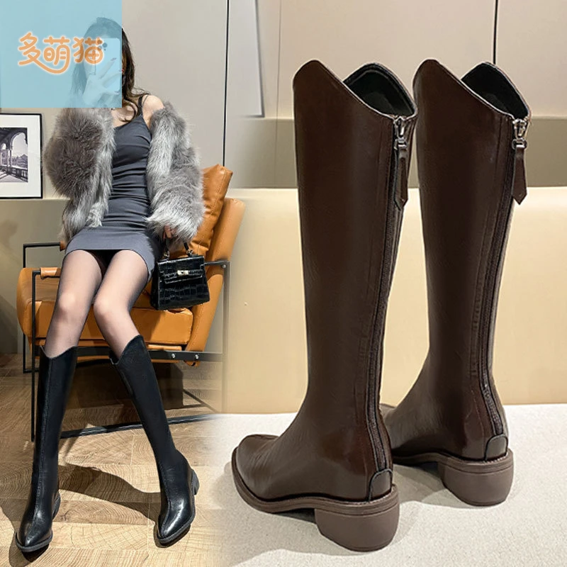 长筒靴女骑士靴秋季新款百搭高跟瘦瘦靴复古粗跟尖头高筒靴